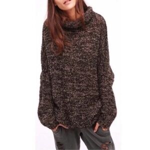 Free People She's All That Sweater Alpaca Nylon Turtleneck Oversized Brown Black